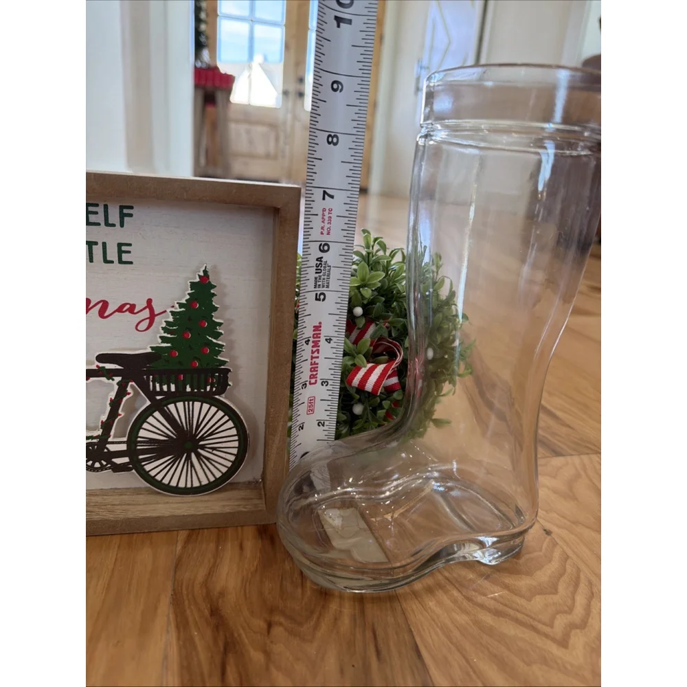 Target Christmas Table Top Decor Lot Of 4 Holiday Sign, Glass Boot, Greenery